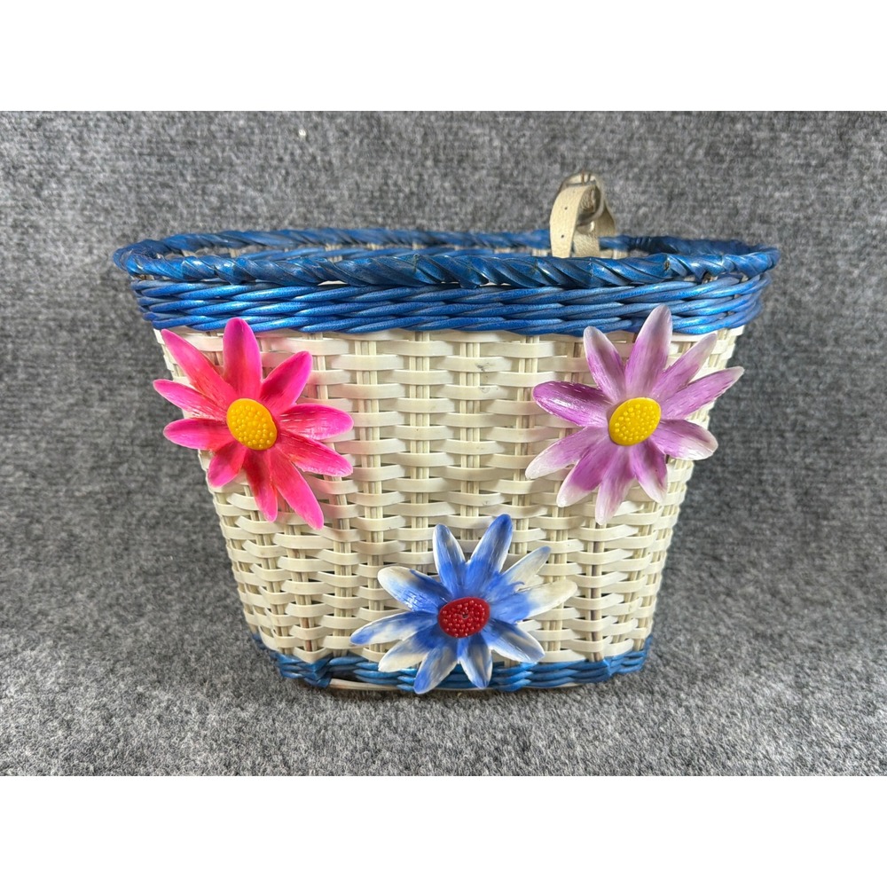 Vintage 70's Woven Bicycle Basket Blue White Floral Handlebar Accessory